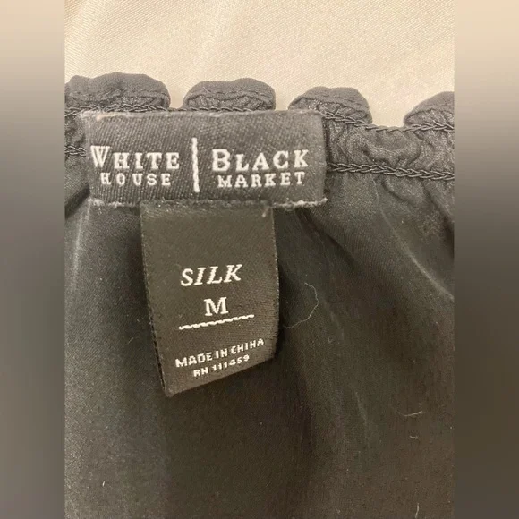 White House black market black silk shirt short sleeve button embroidered SZ- M - Picture 7 of 7